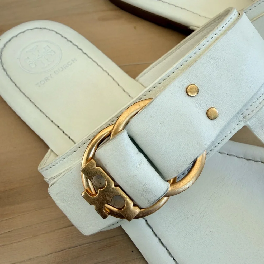 ✨ Tory Burch White Leather Buckle Thong Sandals - Size 11